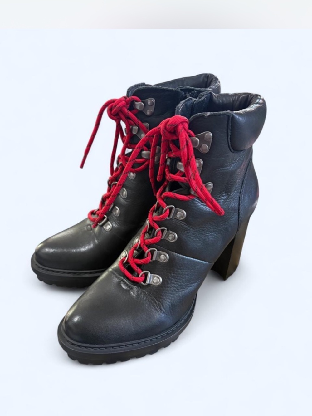 Black Leather Lace-Up Heeled Boots